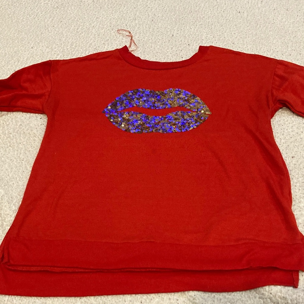 Red Sweatshirt with Glitter Lips Design